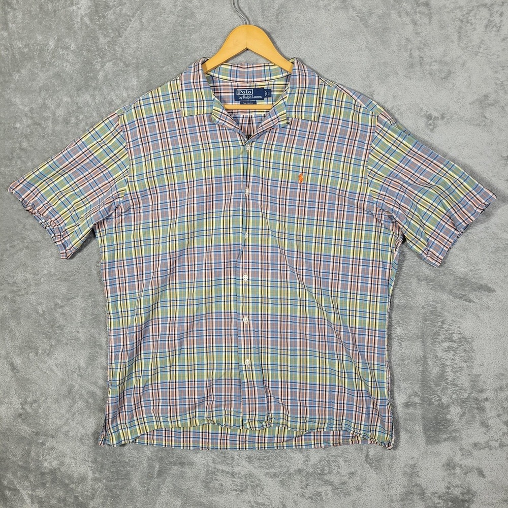 Vintage Polo Ralph Lauren Shirt Men Large Plaid Caldwell Green Blue Short Sleeve